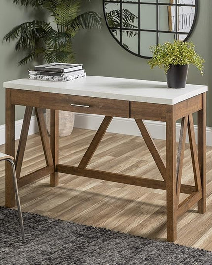 Walker Edison Rustic Farmhouse Wood Computer Writing Desk Home Office Workstation Small, 46 Inch, Marble and Walnut - LeafyLoom