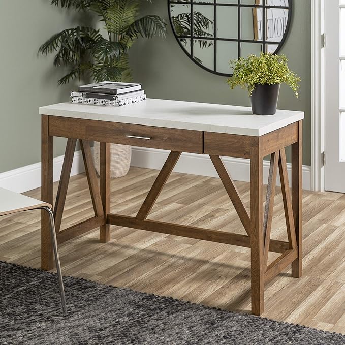 Walker Edison Rustic Farmhouse Wood Computer Writing Desk Home Office Workstation Small, 46 Inch, Marble and Walnut - LeafyLoom