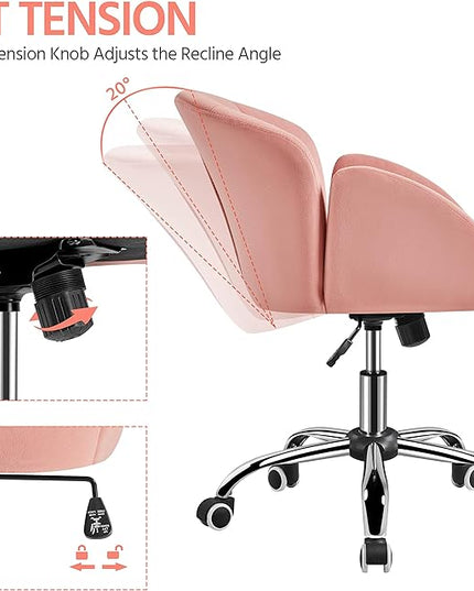 Yaheetech Cute Velvet Desk Chair for Home Office, Makeup Vanity Chair with Armrests for Bedroom Modern Swivel Rolling Chair for Women Pink - LeafyLoom