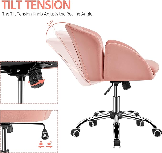 Yaheetech Cute Velvet Desk Chair for Home Office, Makeup Vanity Chair with Armrests for Bedroom Modern Swivel Rolling Chair for Women Pink - LeafyLoom
