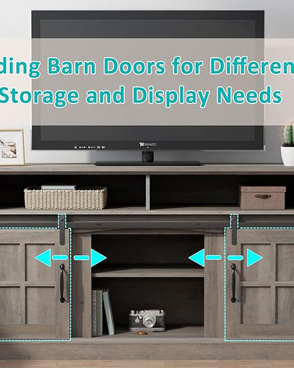 TV Stand with 2 Sliding Barn Doors, 58 Inch TV Stand with Storage Cabinet and Shelves, Television Stands with Storage for Living Room, Bedroom, Brown - LeafyLoom