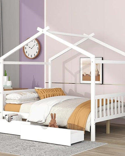 Full Size Bed Frame with Headboard and Footboard, Low House Bed/Full Bed Frame with Storage Drawer, Wood Bed Frame for Kids, Girls, Boys (White Drawer, Full) - LeafyLoom