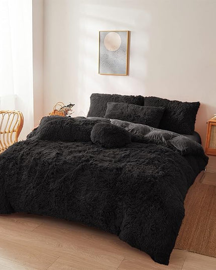 Ultra Soft Black Faux Fur 3 Piece Queen Comforter Set - Plush Fluffy Bedding With Duvet Cover and 2 Pillowcases - LeafyLoom