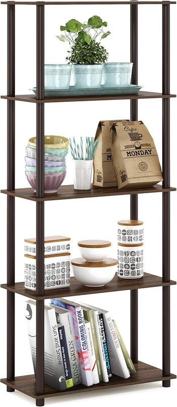 Furinno Turn-N-Tube 5-Tier Multipurpose Shelf / Display Rack / Storage Shelf / Bookshelf, Round Tubes, Walnut/Brown - LeafyLoom