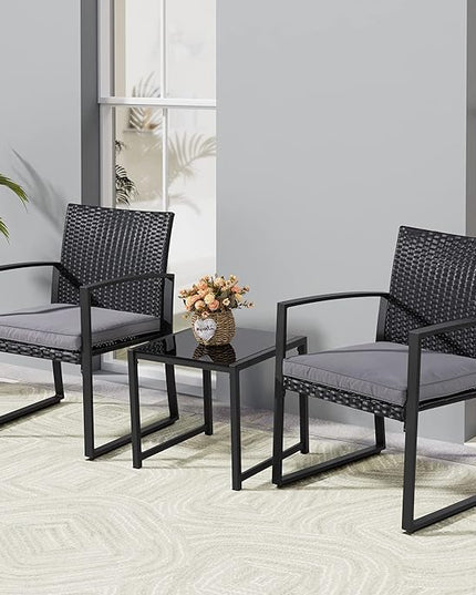 Shintenchi 3 Pieces Outdoor Patio Furniture Set, Modern Wicker Bistro Set, Conversation Rattan Chair of 2 with Coffee Table for Yard Porch Poolside Lawn(Grey Cushion) - LeafyLoom