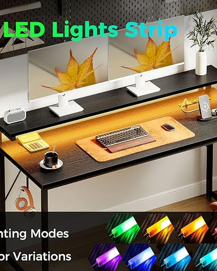 AODK Computer Desk, 55 Inch Gaming Desk with LED Lights and Power Outlet, Office Desk with Adjustable Monitor Shelf (3 Heights), Computer Table Work Desk for Home/Bedroom, Black - LeafyLoom