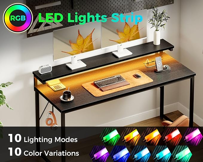 AODK Computer Desk, 55 Inch Gaming Desk with LED Lights and Power Outlet, Office Desk with Adjustable Monitor Shelf (3 Heights), Computer Table Work Desk for Home/Bedroom, Black - LeafyLoom