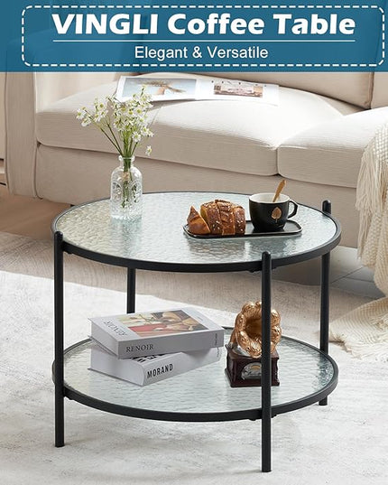 VINGLI 25.6" Small Matte Black Round Coffee Table Water-wave Glass Circle Clear Coffee Table, Center Table with 2-Tier Modern Storage Design for Living Room, Bedroom, Meeting Room, Balcony, Patio - LeafyLoom