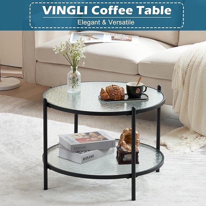 VINGLI 25.6" Small Matte Black Round Coffee Table Water-wave Glass Circle Clear Coffee Table, Center Table with 2-Tier Modern Storage Design for Living Room, Bedroom, Meeting Room, Balcony, Patio - LeafyLoom