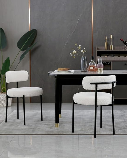 White Boucle Dining Chairs Set of 2,Upholstered Kitchen Dining Room Chairs, Mid-Century Modern Curved Backrest Chairs for Dining Room with Black Metal Legs - LeafyLoom