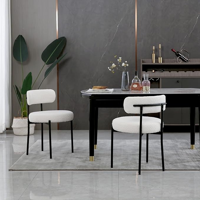 White Boucle Dining Chairs Set of 2,Upholstered Kitchen Dining Room Chairs, Mid-Century Modern Curved Backrest Chairs for Dining Room with Black Metal Legs - LeafyLoom