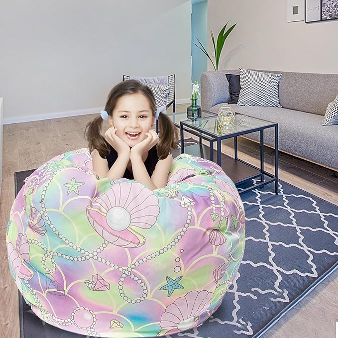 Stuffed Animal Storage Bean Bag Chair Cover, Hold Kids Plush Toys Blankets Towels Beanbag (Cover Only), Canvas Floor Circle Stuff Sit Seat Sofa with YKK Zipper, Extra Large 38", Pink Shell - LeafyLoom