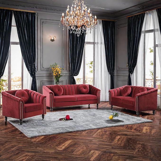 Velvet Living Room Sofa Set 3 Piece Modern Decor Sofa and Loveseat Set with Scroll Arms and Nailhead, Includes 2 Loveseat Couch and Armchair Red - LeafyLoom