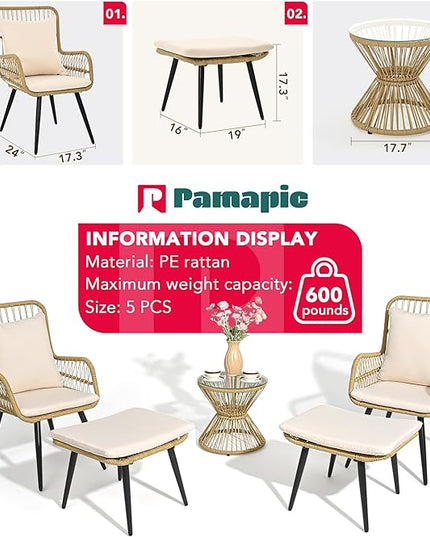 Pamapic Outdoor Patio Bistro Set with Ottoman 5 Piece Rattan Wicker Conversation Chair Sets Balcony Furniture Chairs for Yard Garden Porch Backyard Poolside, Beige - LeafyLoom