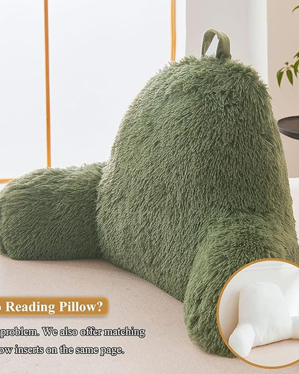 XeGe Faux Fur Reading Pillow Cover (No Filler), Fluffy Back Rest Pillow Case for Bed Sitting Up, Adults Kids Shaggy Sit Up Back Support Pillow Cover with Arms Couch Chair Home Decoration, Sage Green - LeafyLoom