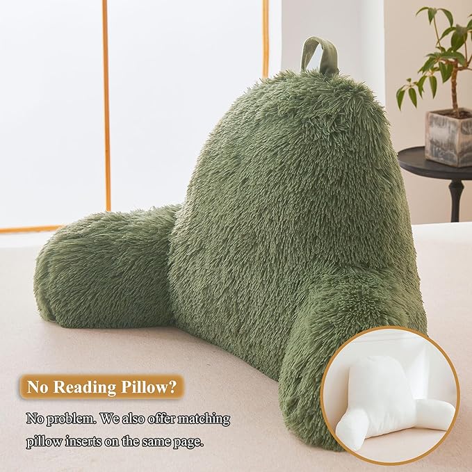 XeGe Faux Fur Reading Pillow Cover (No Filler), Fluffy Back Rest Pillow Case for Bed Sitting Up, Adults Kids Shaggy Sit Up Back Support Pillow Cover with Arms Couch Chair Home Decoration, Sage Green - LeafyLoom