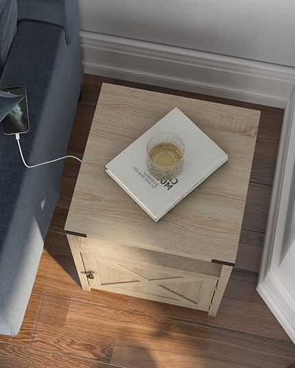 Farmhouse Nightstand with Charging Station, Rustic End Table Bedroom with Storage Living Room Side Table Beige Night Stand Industrial Bedside Bed Table with USB Ports and Outlets - LeafyLoom