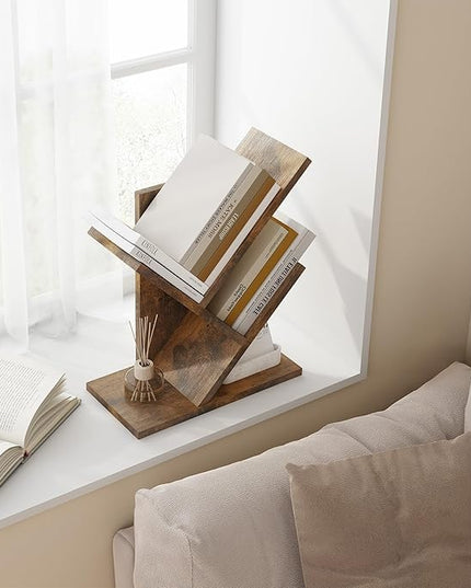 Tajsoon Tree Bookshelf 3 Tier Book Storage Organizer Shelves, Desktop Bookshelf Floor Standing Bookcase Display for CDs/Magazine/Books, Small Bookshelf for Bedroom, Living Room Office, Rustic Brown - LeafyLoom