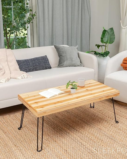 Sleekform Folding Wooden Coffee Table - Collapsible 20x40 Light Wood Mini Desk - Lightweight Foldable Coffee Tables for Small Spaces - Fold Up Hairpin Legs - Birch Wood Finish - LeafyLoom