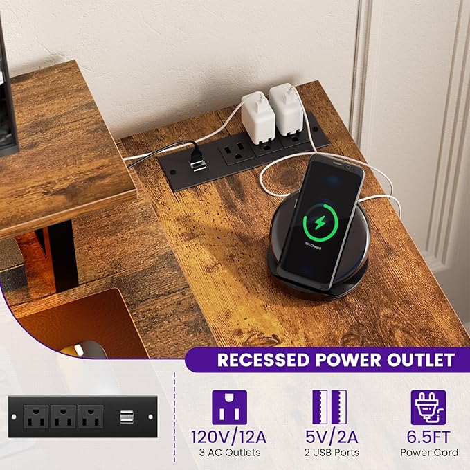 Homieasy Small Gaming Desk with Power Outlet & LED Light, 39 Inch L Shaped Computer Desk with Storage Shelves, Reversible Corner Desk with Monitor Stand Headset Hooks for Home Office, Rustic Brown - LeafyLoom