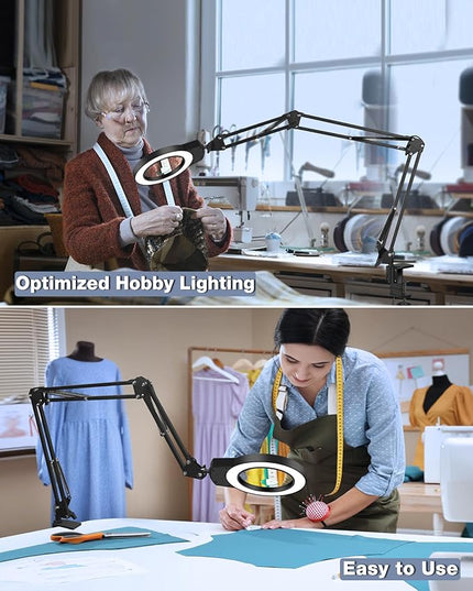 Magnifying Glass Light Stand 10X 5X Swing Arm Desktop Lamp Desk Table Close Work Up for Crafting, Reading, Sewing, Model Assembly, Soldering, Ultra Long 3-Section Design for Large Workbench (Black) - LeafyLoom