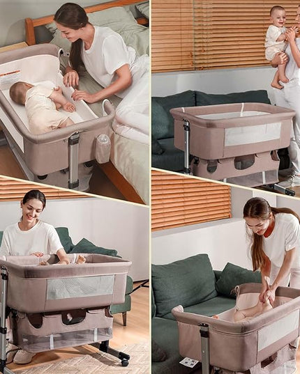 Baby Crib,3 in 1 Bedside Crib Adjustable Portable Bed for Infant,Baby Bassinet Baby Newborn Must Have Bed, Khaki - LeafyLoom