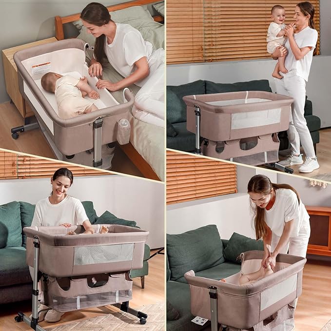 Baby Crib,3 in 1 Bedside Crib Adjustable Portable Bed for Infant,Baby Bassinet Baby Newborn Must Have Bed, Khaki - LeafyLoom