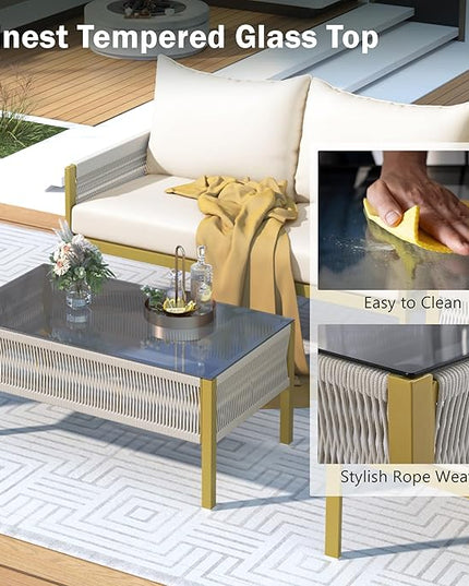 4-Piece Patio Conversation Furniture Set, Rope Weave Outdoor Loveseat Sofa with 2 Armchairs, Thick Cushion&Tempered Glass Table, for Garden Backyard, Onesize, Beige+Mustard Yellow - LeafyLoom