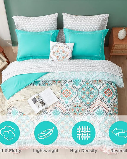 Degrees of Comfort Twin Bed in A Bag 6 Piece, Lattice Boho Bedding Sets for Teen Girls, Aqua Floral Bed Set, Microfiber Colorful Comforter Set with Sheets, Matching Decorative Pillow - LeafyLoom