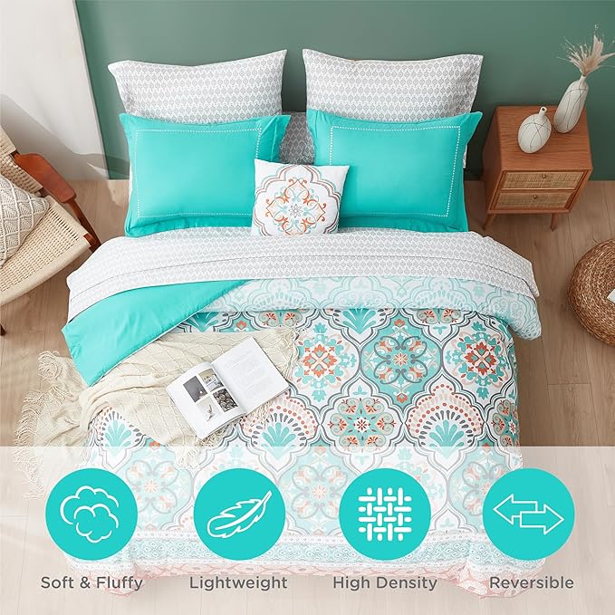 Degrees of Comfort Bed in a Bag Twin XL, Boho Medallion Comforter Sets for College, Microfiber 6 Pieces Bedding Set with Sheet, Matching Decorative Pillow, Aqua - LeafyLoom