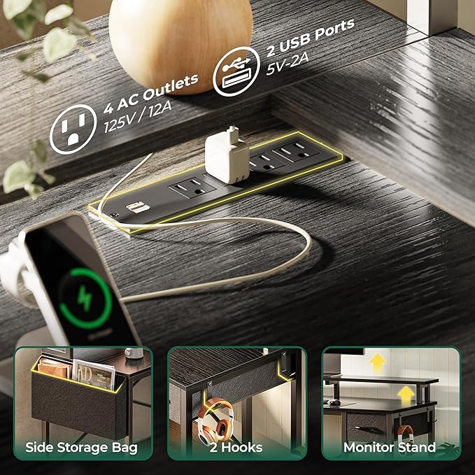 L Shaped Desk Computer Desk with LED Lights & Power Outlets, Gaming Desk with Storage Shelves, Corner Desk Home Office Desks for Bedroom, Grey - LeafyLoom