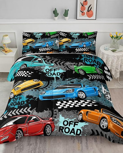 Axolotl Car Comforter Set Twin Size,Cool Speed Race Car Comforter for Kids Boys Girls Teens Bedroom,Extreme Sport Quilt Duvet 1 Comforter 2 Pillowcase Car Racing Gifts,Blue Red Orange - LeafyLoom