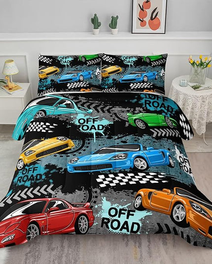 Axolotl Car Comforter Set Full Size,Cool Speed Race Car Comforter for Kids Boys Girls Teens Bedroom,Extreme Sport Quilt Duvet 1 Comforter 2 Pillowcase Car Racing Gifts,Blue Red Orange - LeafyLoom
