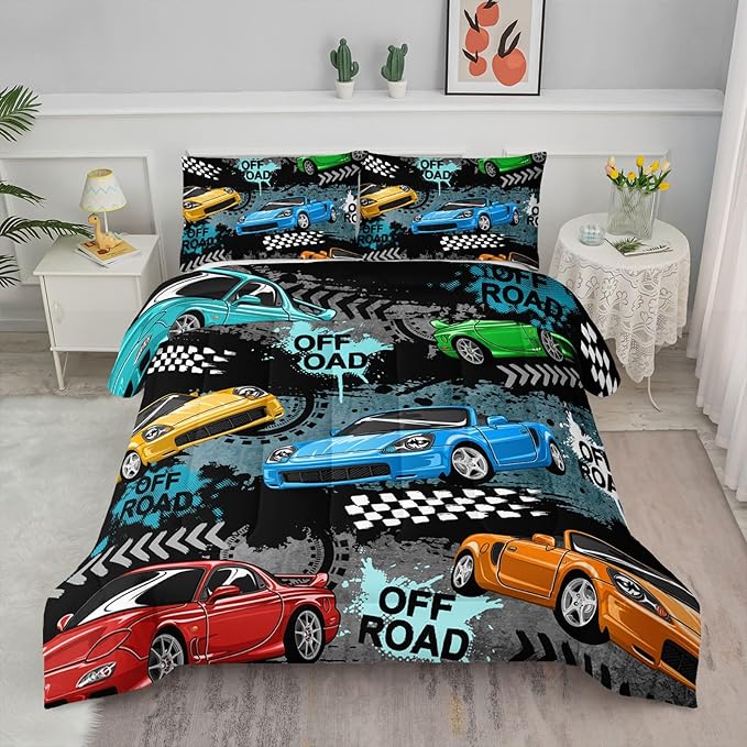 Axolotl Car Comforter Set Full Size,Cool Speed Race Car Comforter for Kids Boys Girls Teens Bedroom,Extreme Sport Quilt Duvet 1 Comforter 2 Pillowcase Car Racing Gifts,Blue Red Orange - LeafyLoom