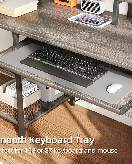 VERMESS Computer Desk- 48 Inch Home Office Desk with Keyboard Tray, 47" Gaming Desk with Full Monitor Stand & Storage Shelves & CPU Stand, Modern Study Writing Table with Shelf for Storage, Gray Oak - LeafyLoom