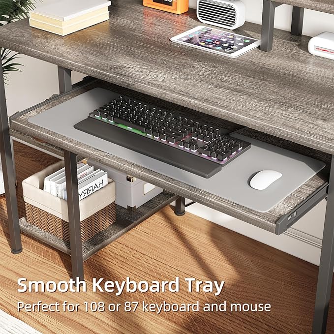VERMESS Computer Desk- 48 Inch Home Office Desk with Keyboard Tray, 47" Gaming Desk with Full Monitor Stand & Storage Shelves & CPU Stand, Modern Study Writing Table with Shelf for Storage, Gray Oak - LeafyLoom