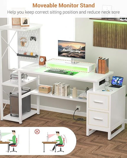 Computer Desk with 2 Fabric Drawers - Reversible Home Office Desk with Power Outlet & LED Lights, 53" Writing Desk with Monitor Stand & Storage Shelves, Gaming Desk Study Table with Pegboard, White - LeafyLoom