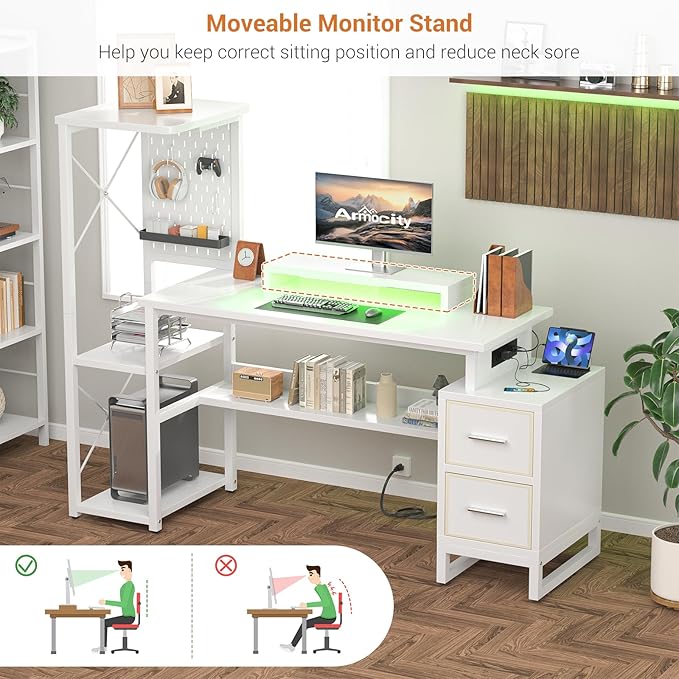 Computer Desk with 2 Fabric Drawers - Reversible Home Office Desk with Power Outlet & LED Lights, 53" Writing Desk with Monitor Stand & Storage Shelves, Gaming Desk Study Table with Pegboard, White - LeafyLoom