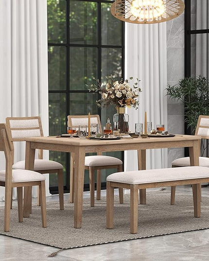 Dining Table Set for 6, Classic and Traditional Style 6-Piece Dining Room Table Set with Backrest, Kitchen Table with 4 Upholstered Chairs & Bench, Natural Wood Wash - LeafyLoom
