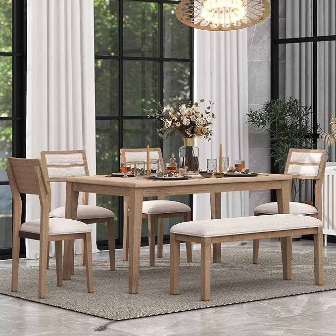 Dining Table Set for 6, Classic and Traditional Style 6-Piece Dining Room Table Set with Backrest, Kitchen Table with 4 Upholstered Chairs & Bench, Natural Wood Wash - LeafyLoom
