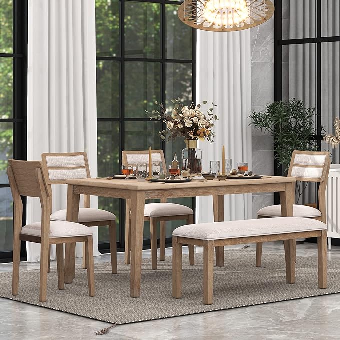 Merax 6-Piece Natural Classic and Traditional Style Set, includes Dining Table, 4 Upholstered Chairs & Bench Wood Wash - LeafyLoom
