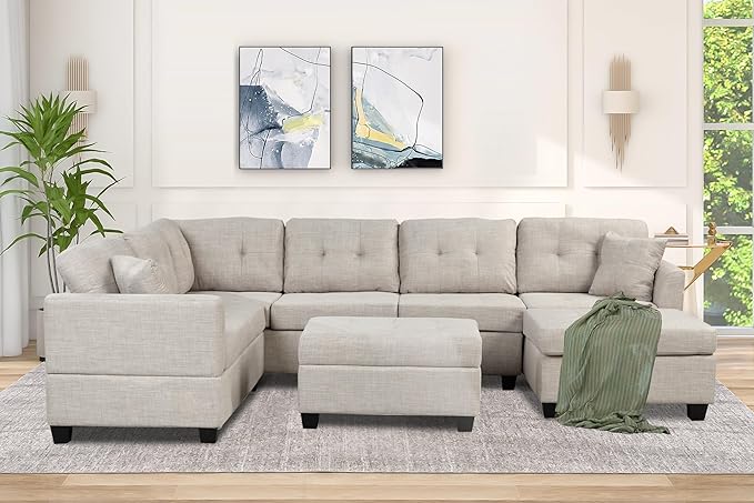 121.3" Modern Oversized U-Shape Sectional Sofa with Right Side Chaise & Storage Ottoman, Linen Upholstered Couch w/ 2 Throw Pillows, for Large Space, Living Room, Apartment, 121.3 Inch, Beige - LeafyLoom