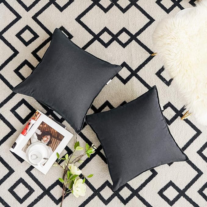 Jeanerlor Cotton Linen Soft Soild Decorative Square Throw Pillow Covers Set Cushion Case for Sofa Bedroom Car24 x 24 Inch 60 x 60cm, Pack of 2, Dark Grey - LeafyLoom