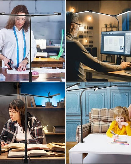 Desk Lamp for Office Home, 4 Heads, 24W Ultra Bright, 5 Colors 10 Bright Levels, Long Flexible Clamp Clip Light, Task Table Lamp with Adapter & Switch Controller, Black - LeafyLoom