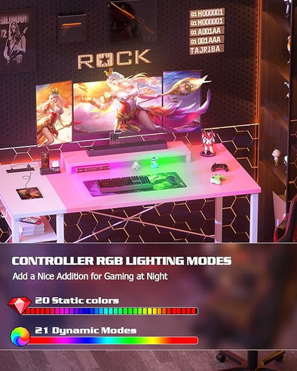 armocity 47 Gaming Computer Desk with LED Lights, Power Outlet and USB, Reversible Laptop Table with Moveable Monitor Stand for Small Spaces, Office, Gaming Room, Pink and White - LeafyLoom