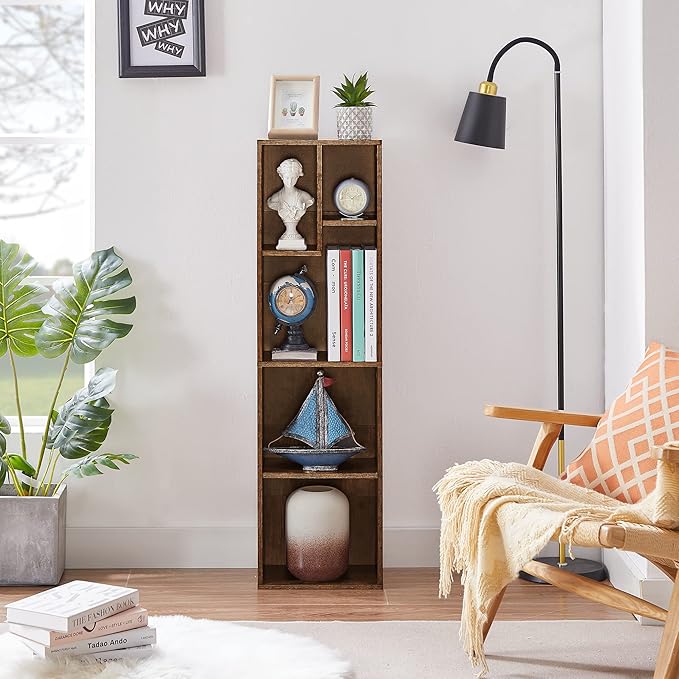VECELO 4-Tier Bookcase, Modern Storage Cabinet with Height Difference Shelves for Standard Textbooks, 5 Cubes, Vertical or Horizontal, Easy Assembly, Rustic Brown - LeafyLoom