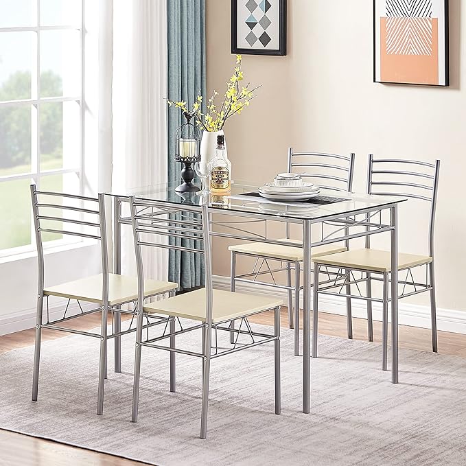 VECELO Dining Table with 4 Chairs [4 Placemats Included-] Silver X-Large - LeafyLoom