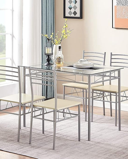 VECELO Kitchen Dining Room Table and Chairs 4, 5-Piece Dinette Sets, Space Saving (Silver), Silvery - LeafyLoom