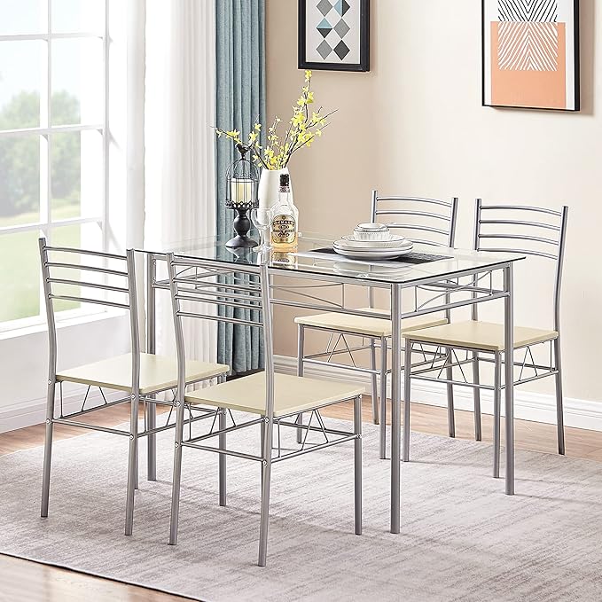 VECELO Kitchen Dining Room Table and Chairs 4, 5-Piece Dinette Sets, Space Saving (Silver), Silvery - LeafyLoom