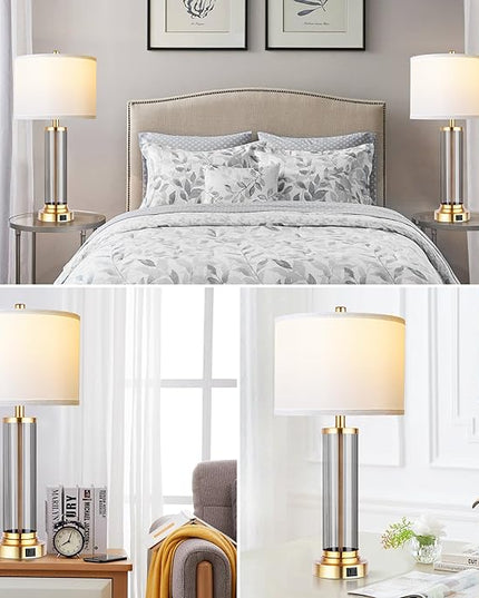 QiMH Touch Control Table Lamp Set of 2 with USB A+C Ports, 3-Way Dimmable Nightstand Lamp with Fabric Cream Shade, Modern Bedside Lamp for Living Room Bedroom Reading, LED Bulbs Included - LeafyLoom